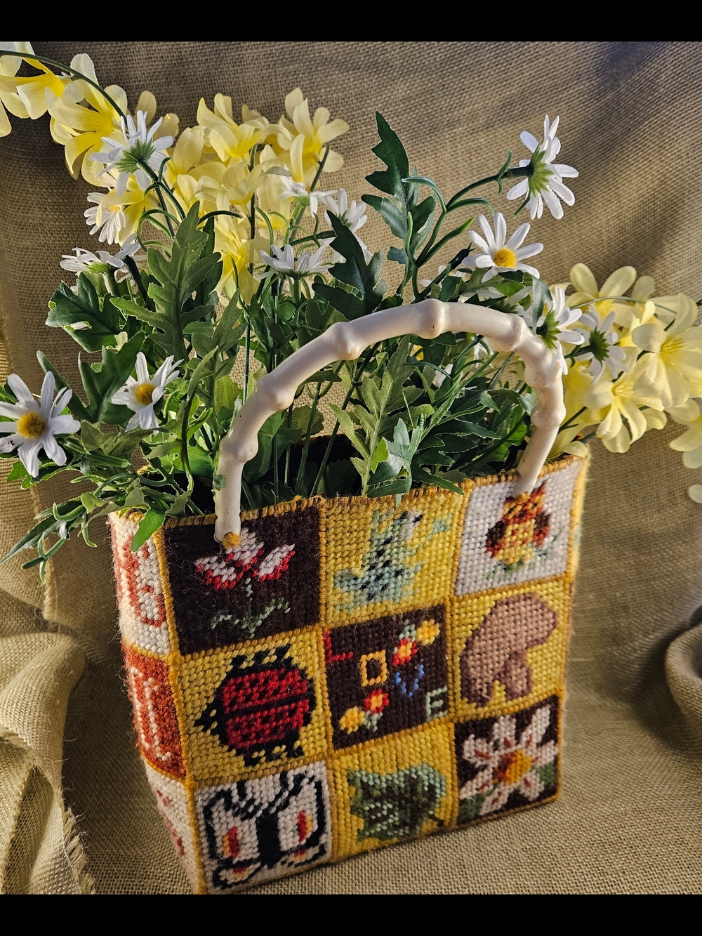 Handmade 1970s Needlepoint Floral Patchwork Tote Purse Or Use For Decor!